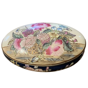 Oriental Famille Rose Jewelry Box Hand painted In Macau Floral Gold trim Trinket
